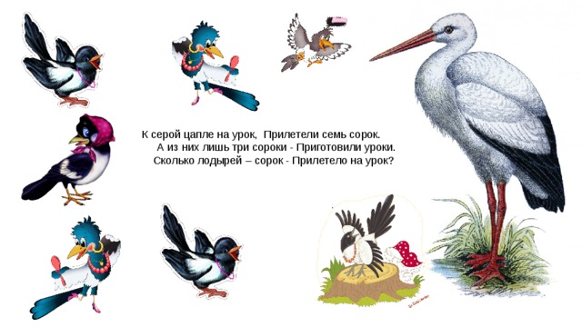 Сорока семью. К серой цапле на урок. К серой цапле на урок прилетело. Три сороки прилетели на уроки. Задачки картинки к серой цапле на урок.