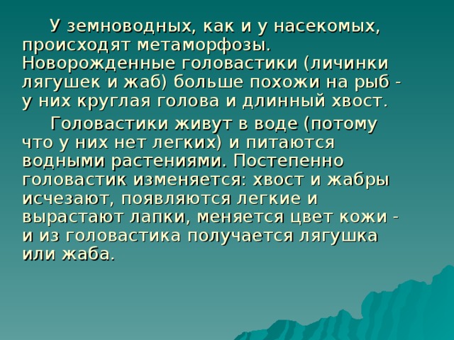   У земноводных, как и у насекомых, происходят метаморфозы.  Новорожденные головастики (личинки лягушек и жаб) больше похожи на рыб - у них круглая голова и длинный хвост.   Головастики живут в воде (потому что у них нет легких) и питаются водными растениями. Постепенно головастик изменяется: хвост и жабры исчезают, появляются легкие и вырастают лапки, меняется цвет кожи - и из головастика получается лягушка или жаба.    