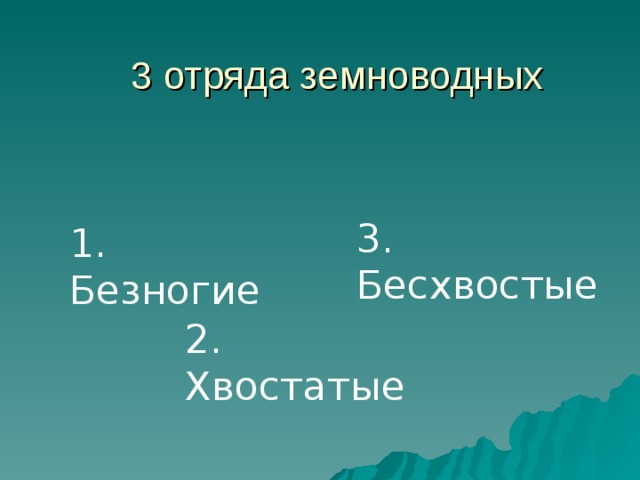 3 отряда земноводных 3. Бесхвостые 1. Безногие 2. Хвостатые 