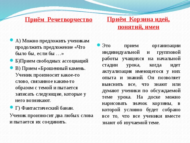 Приём  Корзина идей, понятий, имен  Приём Речетворчество  Это прием организации индивидуальной и групповой работы учащихся на начальной стадии урока, когда идет актуализация имеющегося у них опыта и знаний. Он позволяет выяснить все, что знают или думают ученики по обсуждаемой теме урока. На доске можно нарисовать значок корзины, в которой условно будет собрано все то, что все ученики вместе знают об изучаемой теме. А) Можно предложить ученикам продолжить предложение «Что было бы, если бы …» Б)Прием свободных ассоциаций В) Прием «Брошенный камень. Ученик произносит какое-то слово, связанное каким-то образом с темой и пытается записать следующие, которые у него возникают. Г) Фантастический банан. Ученик произносит два любых слова и пытается их соединить. 
