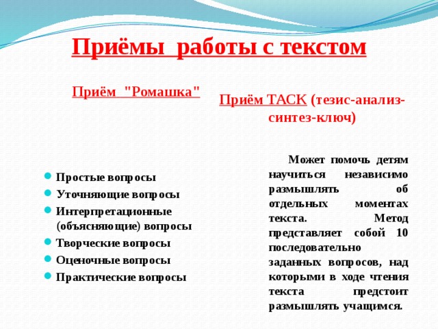 Приёмы работы с текстом   Приём   