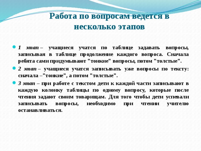 Работа по вопросам ведется в несколько этапов   1 этап  – учащиеся учатся по таблице задавать вопросы, записывая в таблице продолжение каждого вопроса. Сначала ребята сами придумывают 