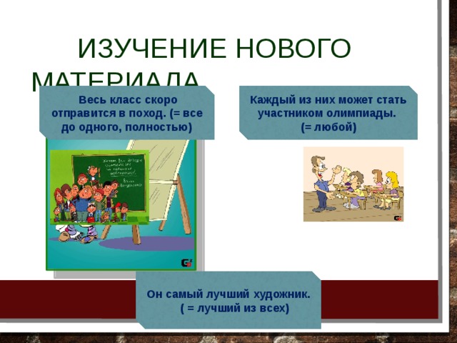  Изучение нового материала  Весь класс скоро отправится в поход. (= все до одного, полностью) Каждый из них может стать участником олимпиады. (= любой)  Он самый лучший художник. ( = лучший из всех) 