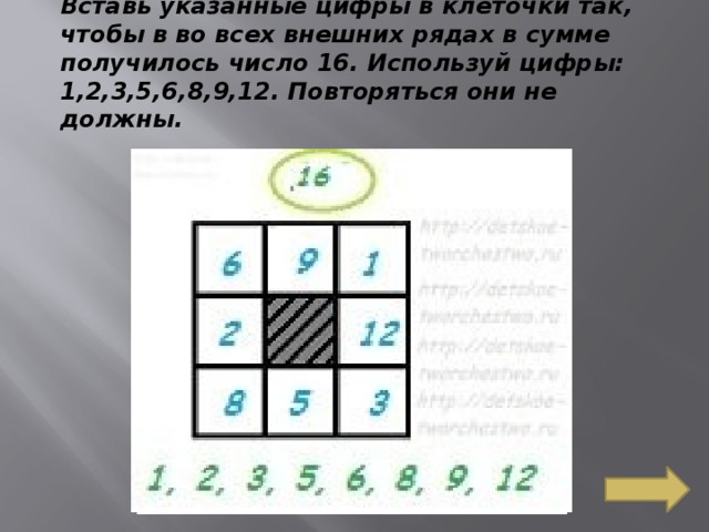 Вставь указанные цифры в клеточки так, чтобы в во всех внешних рядах в сумме получилось число 16. Используй цифры: 1,2,3,5,6,8,9,12. Повторяться они не должны.      
