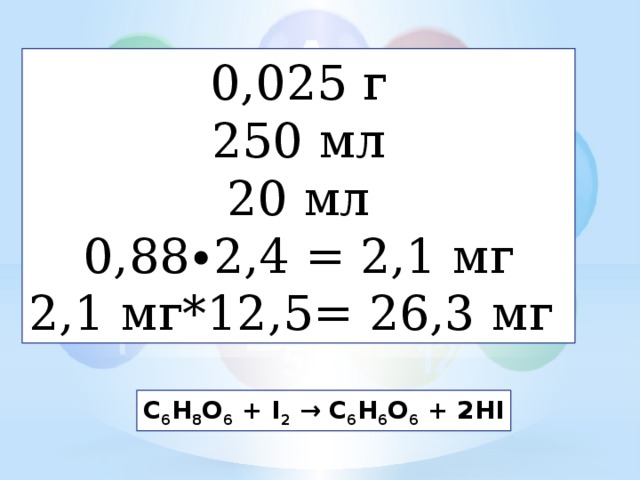 0,025 г 250 мл 20 мл 0,88∙2,4 = 2,1 мг 2,1 мг*12,5= 26,3 мг C 6 H 8 O 6 + I 2 → C 6 H 6 O 6 + 2HI 