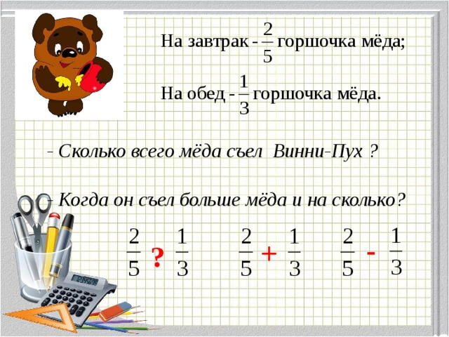 - Сколько всего мёда съел Винни-Пух ?  - Когда он съел больше мёда и на сколько?  - + ?