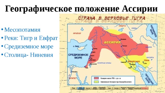 Географическое положение Ассирии Месопотамия Реки: Тигр и Евфрат Средиземное море Столица- Ниневия 