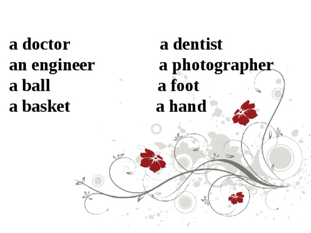 a doctor a dentist  an engineer a photographer  a ball a foot  a basket a hand           
