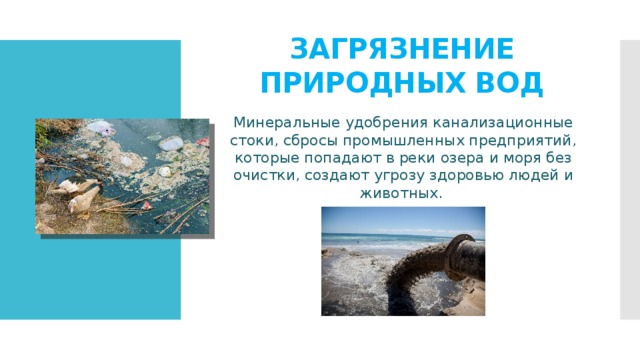 ЗАГРЯЗНЕНИЕ ПРИРОДНЫХ ВОД Минеральные удобрения канализационные стоки, сбросы промышленных предприятий, которые попадают в реки озера и моря без очистки, создают угрозу здоровью людей и животных. 