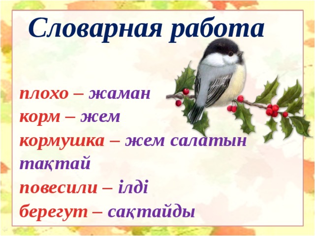 Словарная работа плохо – жаман корм – жем кормушка – жем салатын тақтай повесили – ілді берегут – сақтайды