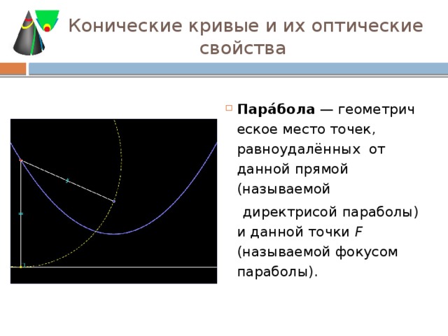 Конические кривые и их оптические  свойства Пара́бола  — геометрическое место точек, равноудалённых от данной прямой (называемой   директрисой параболы) и данной точки  F (называемой фокусом  параболы). 