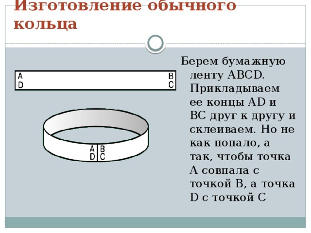 Изготовление обычного кольца Берем бумажную ленту АВСD. Прикладываем ее концы АD и BС друг к другу и склеиваем. Но не как попало, а так, чтобы точка А совпала с точкой B, а точка D с точкой С 