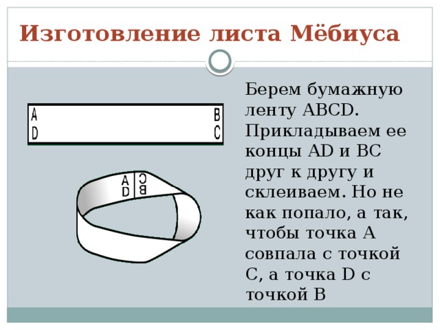 Изготовление листа Мёбиуса Берем бумажную ленту АВСD. Прикладываем ее концы АD и BС друг к другу и склеиваем. Но не как попало, а так, чтобы точка А совпала с точкой С, а точка D с точкой В 