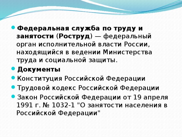 Правовой статус федеральной службы по труду и занятости российской федерации презентация