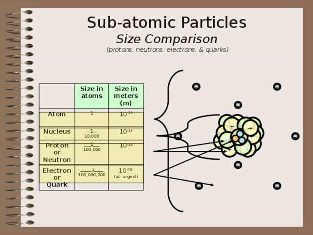 Sub-atomic Particles  Size Comparison  (protons, neutrons, electrons, & quarks) - - Size in atoms Atom  Nucleus 1 Size in meters (m) __ 1 __ 10,000 10 -10 Proton or Neutron Electron or Quark ___ 1 ___ 100,000 10 -14 _____ 1 ____ 100,000,000 10 -15 10 -18 (at largest) -  +  +  + +  + +  - -    + + - - - 