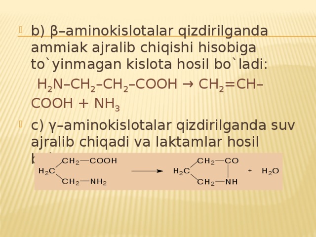 b) β–aminokislotalar qizdirilganda ammiak ajralib chiqishi hisobiga to`yinmagan kislota hosil bo`ladi:  H 2 N–CH 2 –CH 2 –COOH → CH 2 =CH–COOH + NH 3 c) γ–aminokislotalar qizdirilganda suv ajralib chiqadi va laktamlar hosil bo`ladi: 