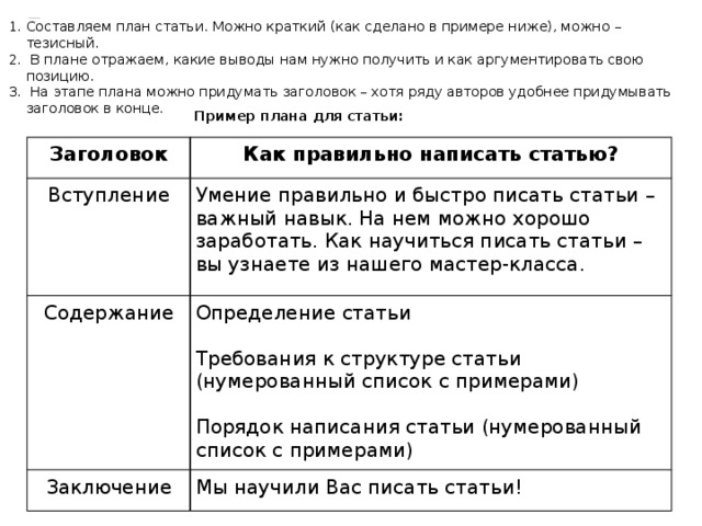 План научной статьи пример