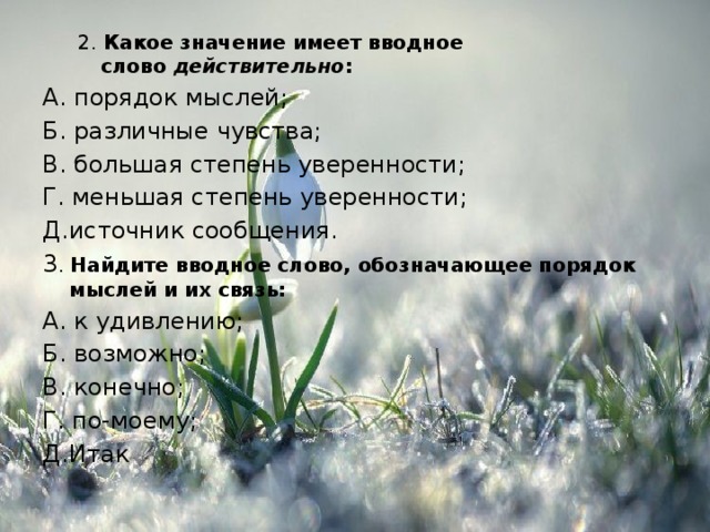2. Какое значение имеет вводное слово  действительно : А. порядок мыслей; Б. различные чувства; В. большая степень уверенности; Г. меньшая степень уверенности; Д.источник сообщения. 3 . Найдите вводное слово, обозначающее порядок мыслей и их связь: А. к удивлению; Б. возможно; В. конечно; Г. по-моему; Д.Итак 
