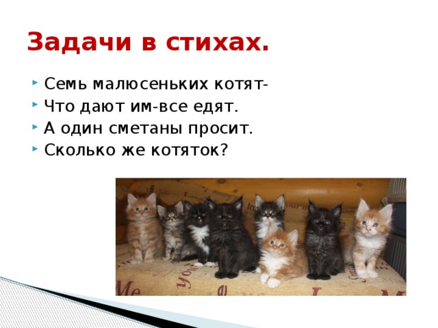 Задачи в стихах. Семь малюсеньких котят- Что дают им-все едят. А один сметаны просит. Сколько же котяток? 