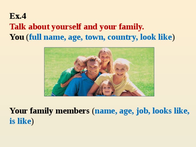 Ex.4  Talk about yourself and your family.  You ( full name, age, town, country, look like )       Your family members ( name, age, job, looks like, is like )