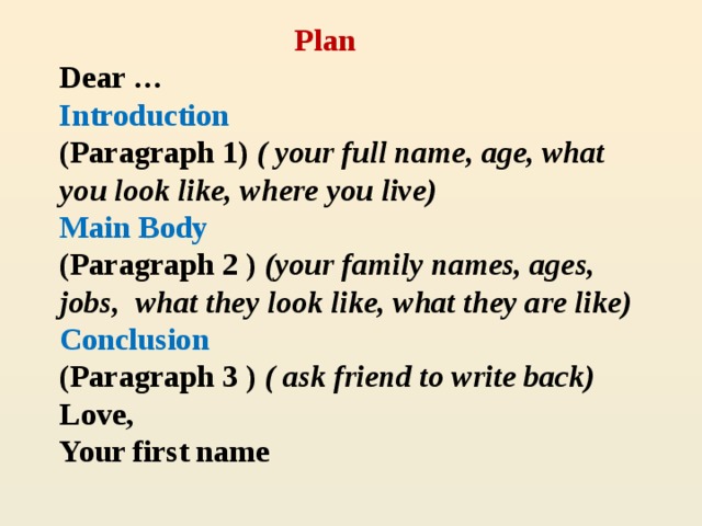 Plan  Dear …  Introduction  (Paragraph 1) ( your full name, age, what you look like, where you live)  Main Body  (Paragraph 2 ) (your family names, ages, jobs, what they look like, what they are like)  Conclusion  (Paragraph 3 ) ( ask friend to write back)  Love,  Your first name