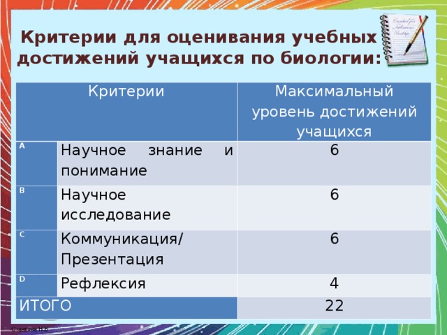 Критерии оценивания презентации учащихся 7 класса