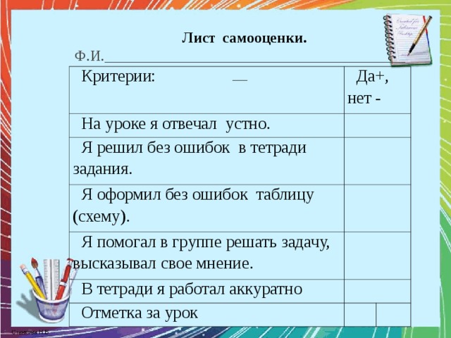 Лист  самооценки.  Ф.И.__________________________________________ Критерии: Да+, нет - На уроке я отвечал устно. Я решил без ошибок в тетради задания. Я оформил без ошибок таблицу (схему). Я помогал в группе решать задачу, высказывал свое мнение. В тетради я работал аккуратно Отметка за урок 