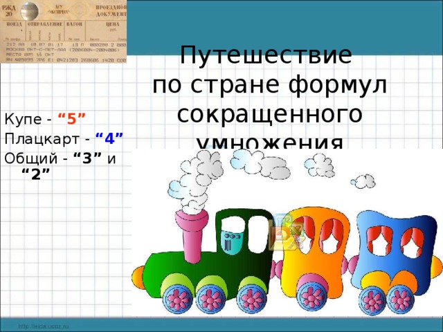 Путешествие  по стране формул сокращенного умножения Купе - “5” Плацкарт - “4” Общий - “3” и “2” 