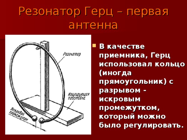 Резонатор Герц – первая антенна В качестве приемника, Герц использовал кольцо (иногда прямоугольник) с разрывом - искровым промежутком, который можно было регулировать. 