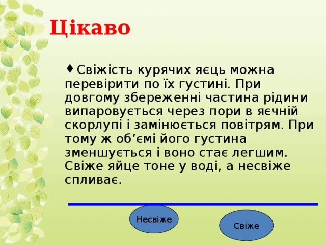 Цікаво Свіжість курячих яєць можна перевірити  по їх густині. При довгому збереженні частина рідини випаровується через пори в яєчній скорлупі і замінюється повітрям. При тому ж об’ємі його густина зменшується і воно стає легшим. Свіже яйце тоне у воді, а несвіже спливає. Несвіже Свіже