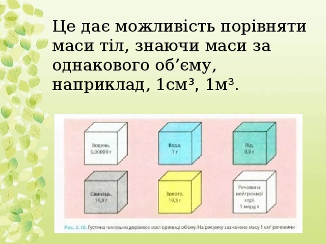 Це дає можливість порівняти маси тіл, знаючи маси за однакового об’єму, наприклад, 1см ³, 1м³ .