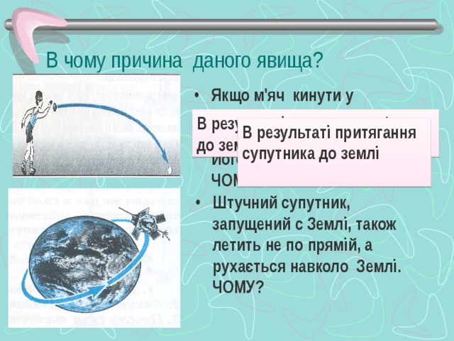 В чому причина даного явища? Якщо м'яч кинути у горизонтальному напрямі, то він не летить прямолінійно. Його траєкторія - крива лінія. ЧОМУ? В результаті притягання м'ячика до землі В результаті притягання супутника до землі