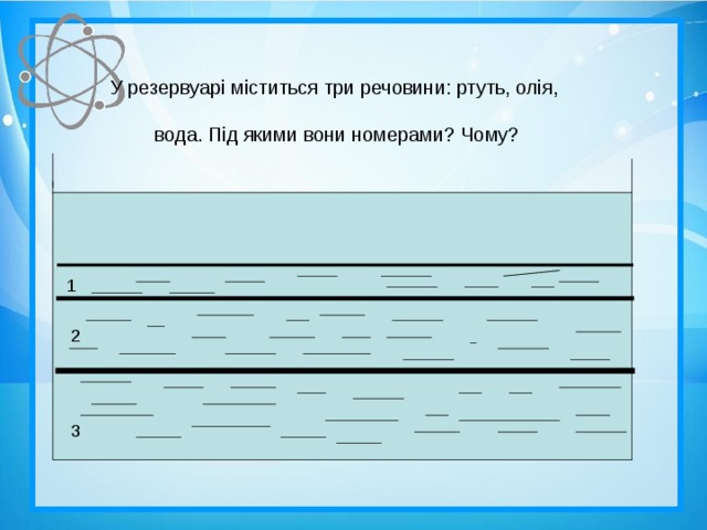 У резервуарі міститься три речовини: ртуть, олія,   вода. Під якими вони номерами? Чому? 1 2 3