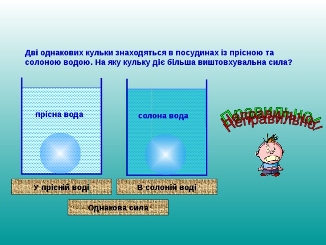 Дві однакових кульки знаходяться в посудинах із прісною та солоною водою. На яку кульку діє більша виштовхувальна сила? прісна вода солона вода У прісній воді В солоній воді Однакова сила