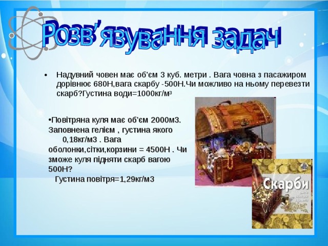 Надувний човен має об ’ єм 3 куб. метри . Вага човна з пасажиром дорівнює 680Н,вага скарбу -500Н.Чи можливо на ньому перевезти скарб?Густина води=1000кг/м 3  По вітряна куля має об ’ єм 2000м3. Заповнена гелієм  ,  густина якого  0,18кг/м3 . Вага