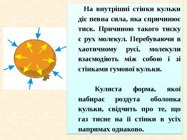 На внутрішні стінки кульки діє певна сила, яка спричинює тиск. Причиною такого тиску є рух молекул. Перебуваючи в хаотичному русі, молекули взаємодіють між собою і зі стінками гумової кульки.    Куляста форма, якої набирає роздута оболонка кульки, свідчить про те, що газ тисне на її стінки в усіх напрямах однаково.