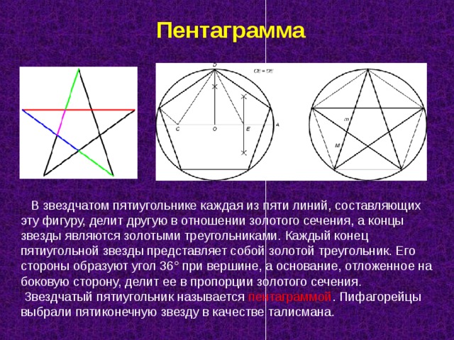 Пентаграмма  В звездчатом пятиугольнике каждая из пяти линий, составляющих эту фигуру, делит другую в отношении золотого сечения, а концы звезды являются золотыми треугольниками. Каждый конец пятиугольной звезды представляет собой золотой треугольник. Его стороны образуют угол 36° при вершине, а основание, отложенное на боковую сторону, делит ее в пропорции золотого сечения.  Звездчатый пятиугольник называется пентаграммой . Пифагорейцы выбрали пятиконечную звезду в качестве талисмана. 