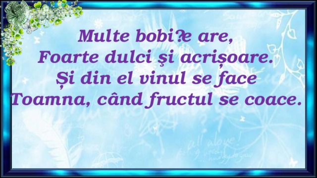 Multe bobițe are,  Foarte dulci şi acrișoare.  Și din el vinul se face  Toamna, când fructul se coace.   