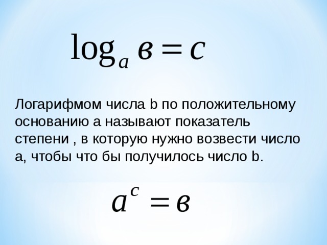 Логарифмом числа b по положительному основанию а называют показатель степени , в которую нужно возвести число а, чтобы что бы получилось число b . 