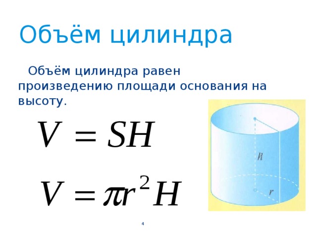 Объём цилиндра  Объём цилиндра равен произведению площади основания на высоту. 3 