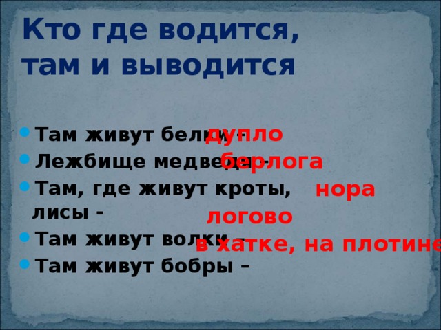 Кто где водится,  там и выводится   Там живут белки – Лежбище медведя – Там, где живут кроты, лисы - Там живут волки – Там живут бобры – дупло берлога нора логово в хатке, на плотине 