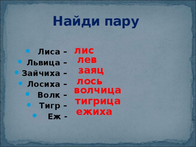 Найди пару   Лиса – Львица – Зайчиха – Лосиха – Волк – Тигр – Еж -  лис лев заяц лось волчица  тигрица  ежиха 