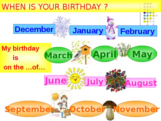 WHEN IS YOUR BIRTHDAY  ? December February January My birthday  is  on the …of… April May March June July August September October November 