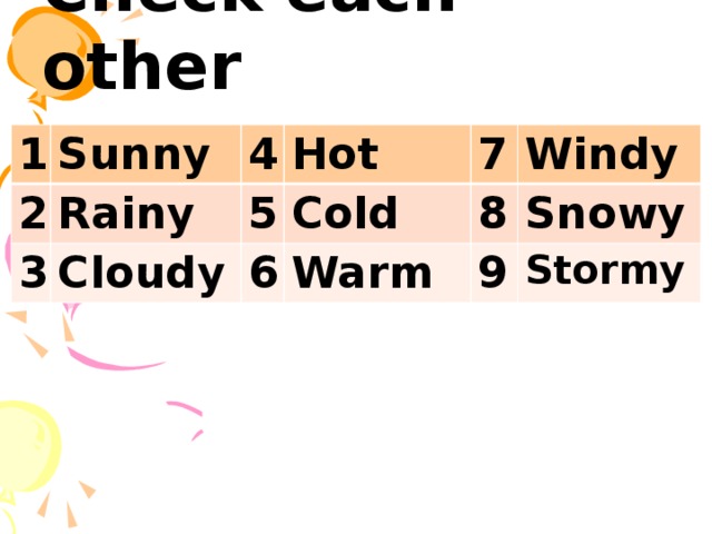 Check each other 1 Sunny 2 Rainy 4 3 Cloudy 5 Hot Cold 7 6 Windy 8 Warm Snowy 9 Stormy 