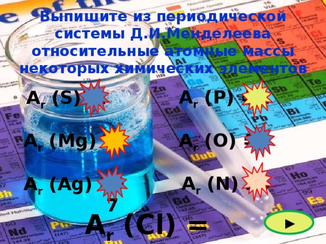 Выпишите из периодической системы Д.И.Менделеева относительные атомные массы некоторых химических элементов А r (P) = 31 32 А r (S) = 16 А r (O) = 24 А r (Mg) = 14 А r (N) = 107 А r (Ag) = А r (Cl) = 35,5 ► 
