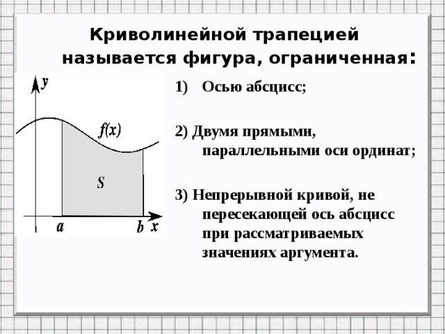 Фигура ограничена осью абсцисс. Криволинейная трапеция. Определение криволинейной трапеции. Виды криволинейных трапеций. Площадь криволинейной трапеции конспект.