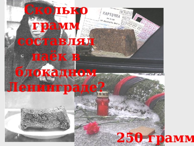 Сколько грамм составлял паёк в блокадном Ленинграде? 250 грамм 