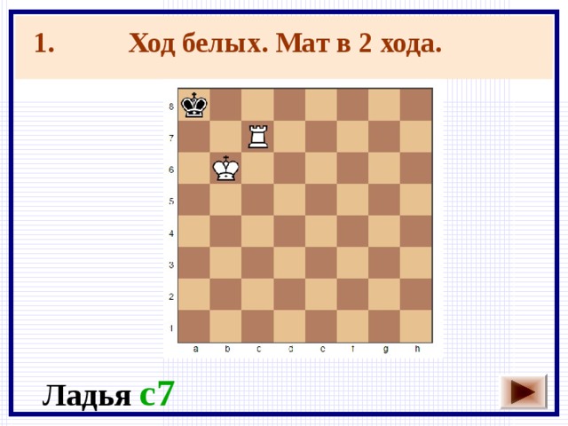 Ход белых. Мат в 2 хода.  1. Ладья c7 
