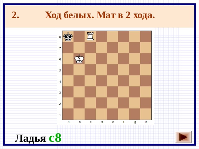 Ход белых. Мат в 2 хода.  2. Ладья c8 