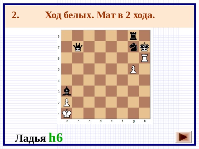 Ход белых. Мат в 2 хода.  2. Ладья h6 